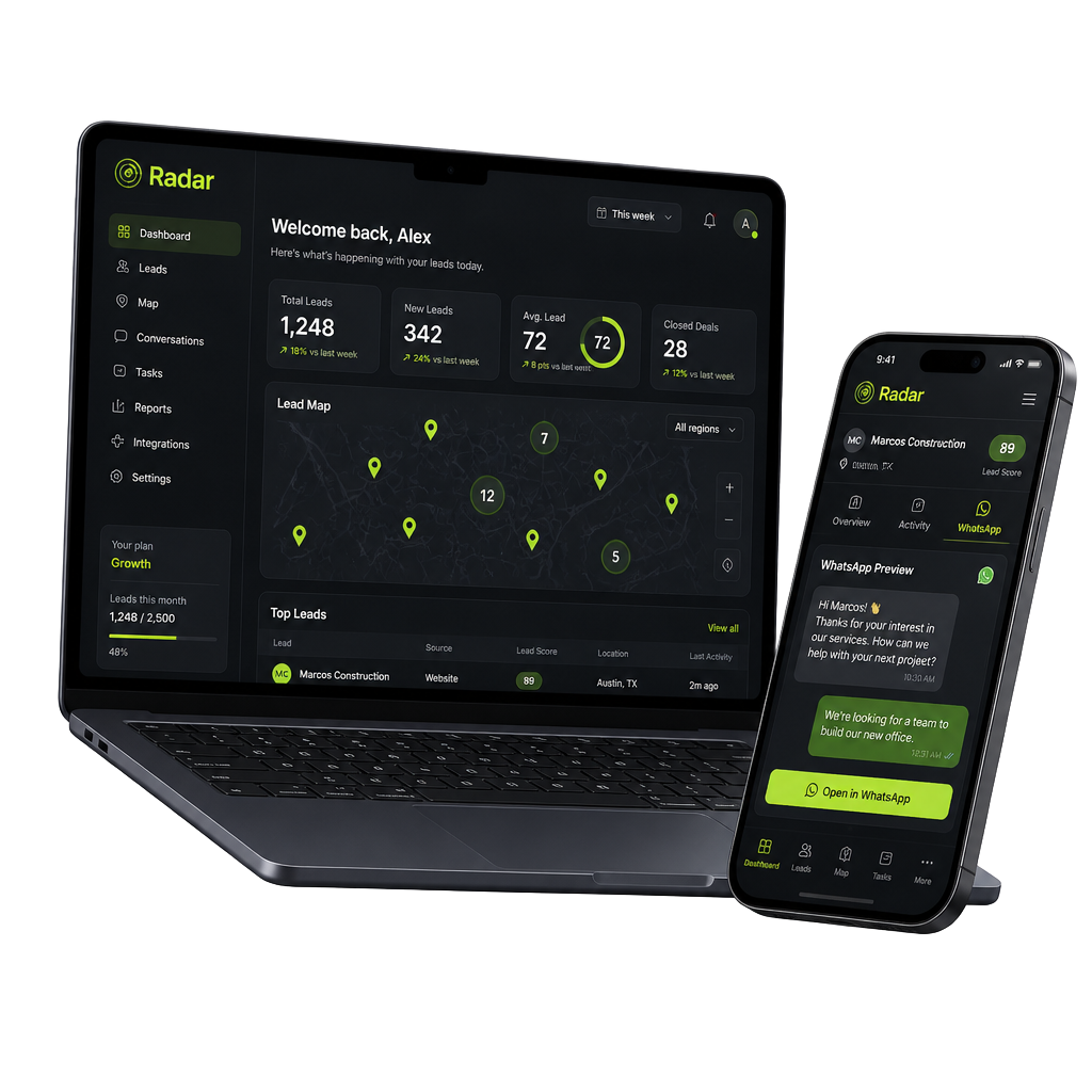 Prévia do Radar Prospectivo mostrando o painel com mapa, empresas e mensagem de WhatsApp